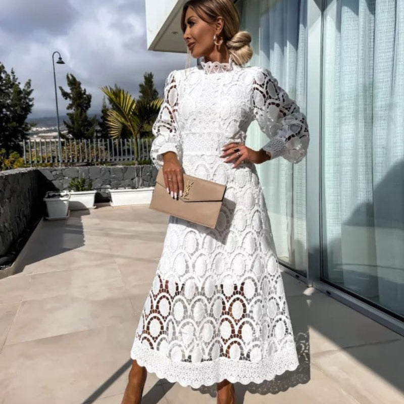 Women’s Long-Sleeve Dress with Intricate Openwork Lace Design