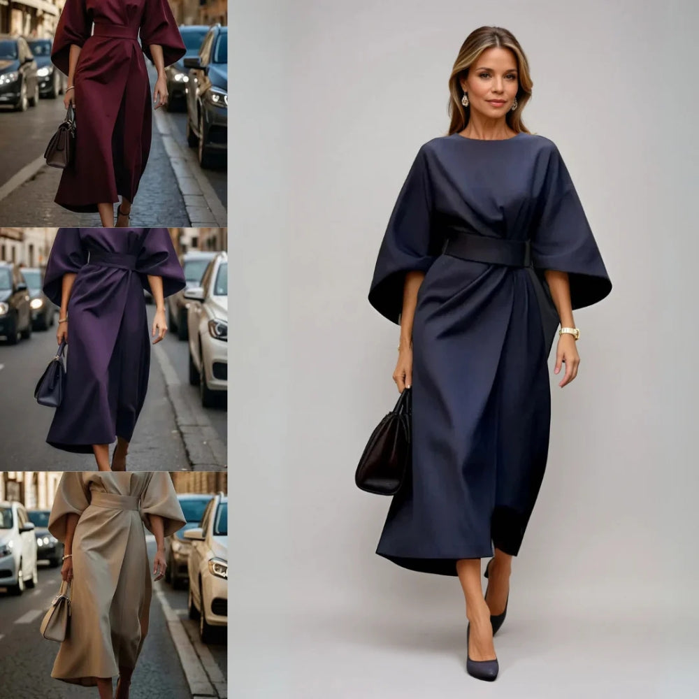 Alira - Elegante abito midi con maniche a lanterna e cintura in vita
