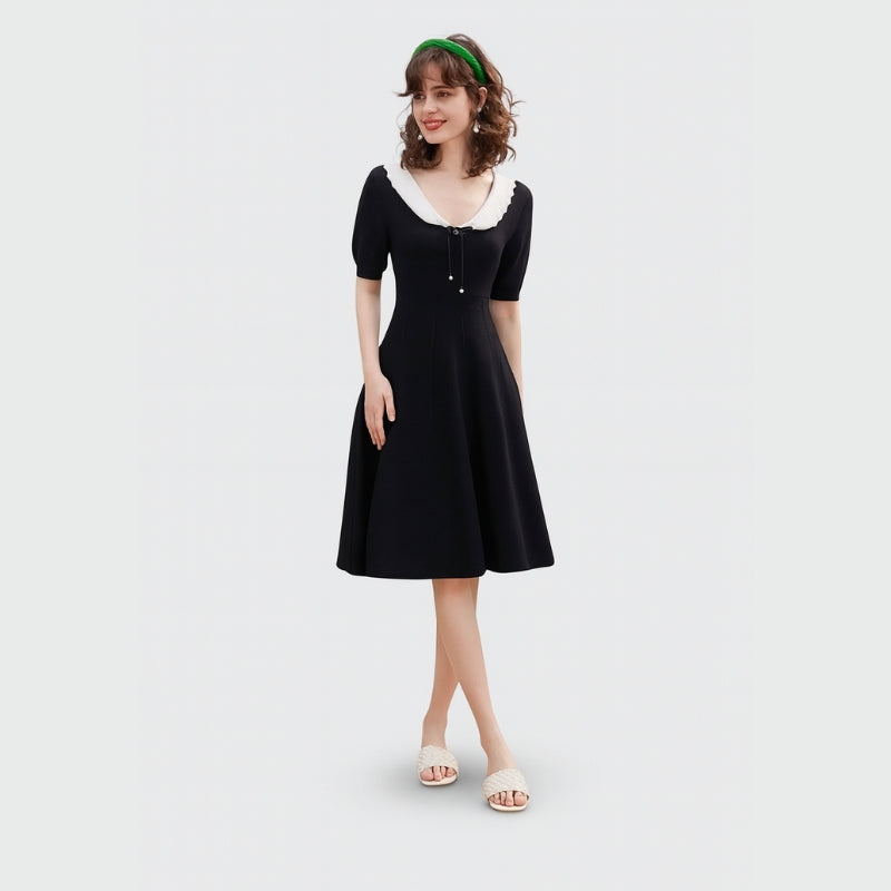 Amelia – Rochie cu guler contrastant, tiv evazat și mâneci bufante
