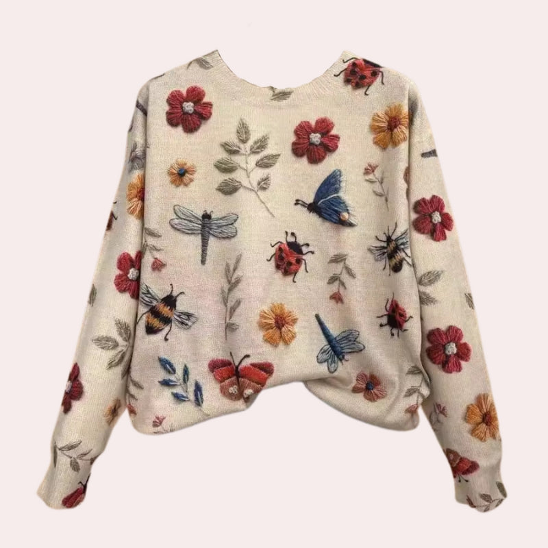 Liva - Pulover cu mâneci lungi, gât rotund și broderie florală