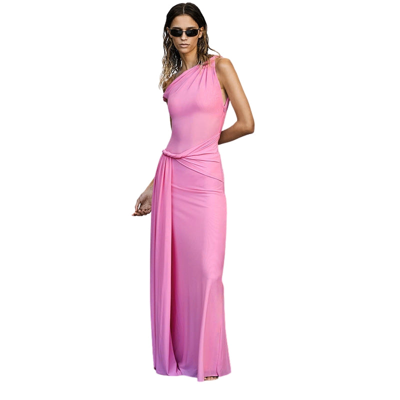 Violet - Rochie Maxi cu Croială Asimetrică și Drapaj