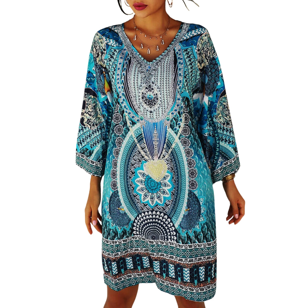 Liana - Mini-robe bohème élégante à col en V et manches longues