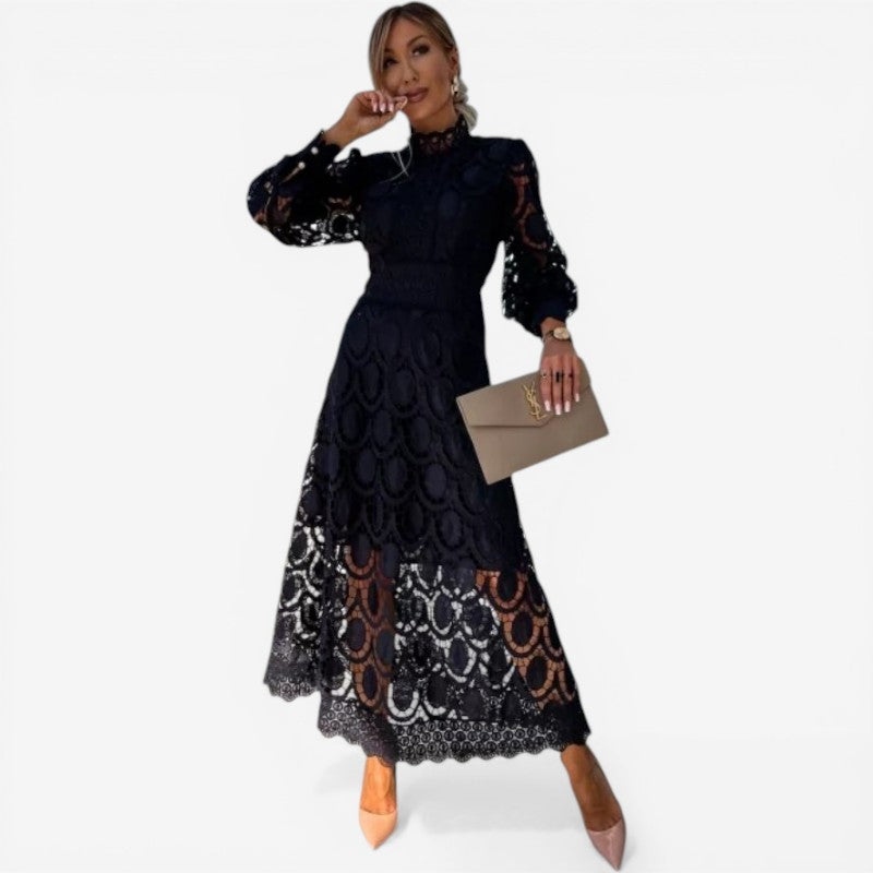 Women’s Long-Sleeve Dress with Intricate Openwork Lace Design