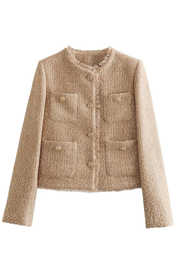 Delilah - Postrzępiona bluza z okrągłym dekoltem, guzikami, długimi rękawami i praktycznymi kieszeniami