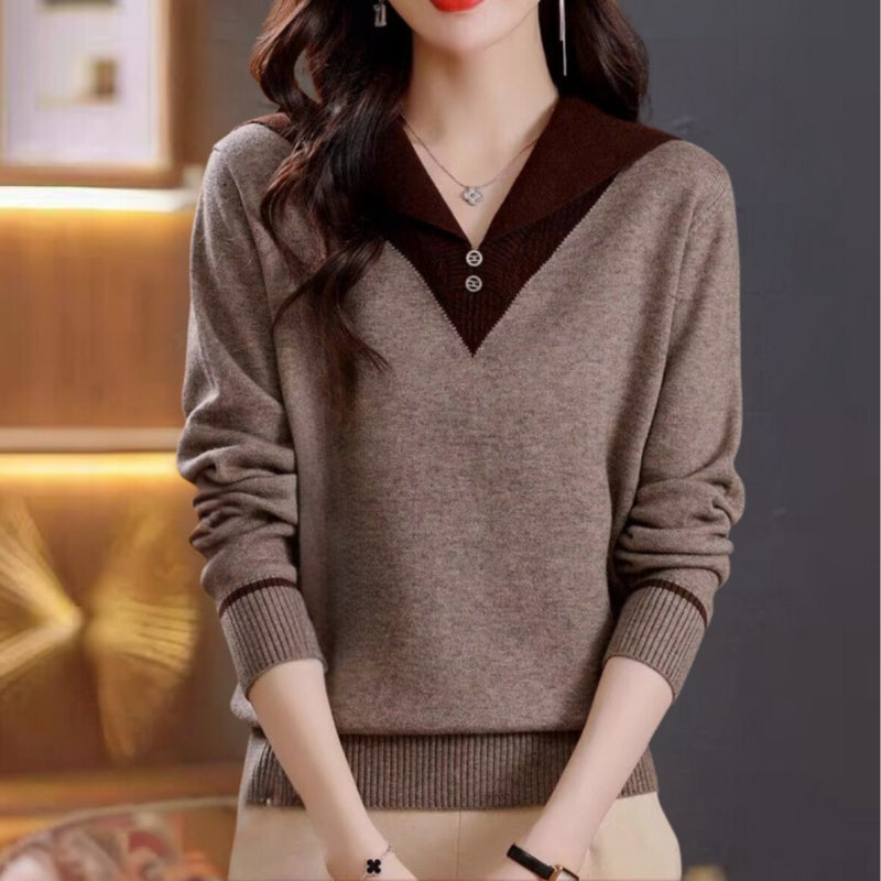 Mila – Long sleeve patchwork sweater with V-neck