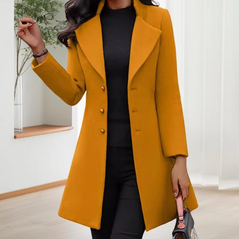 Arivelle - Long Sleeve Mid-Length Coat with Button Closure