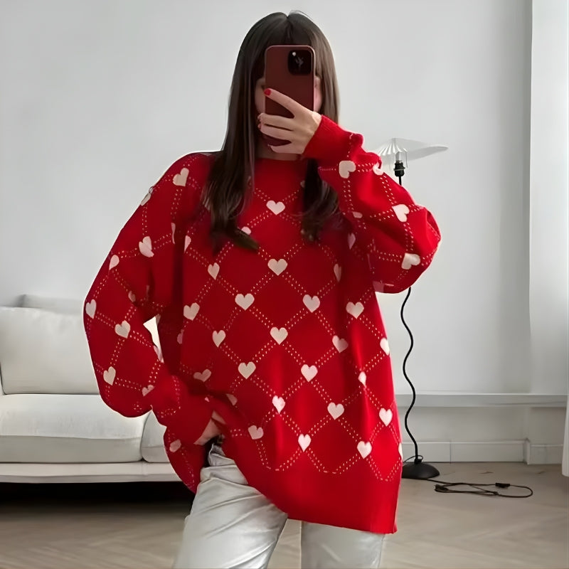 Brigitte - Long sleeve oversized sweater with heart printed design