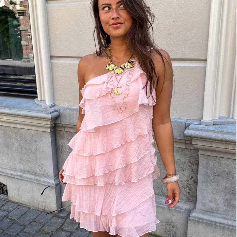 Women's One Shoulder Mini Dress with Ruffle Detail