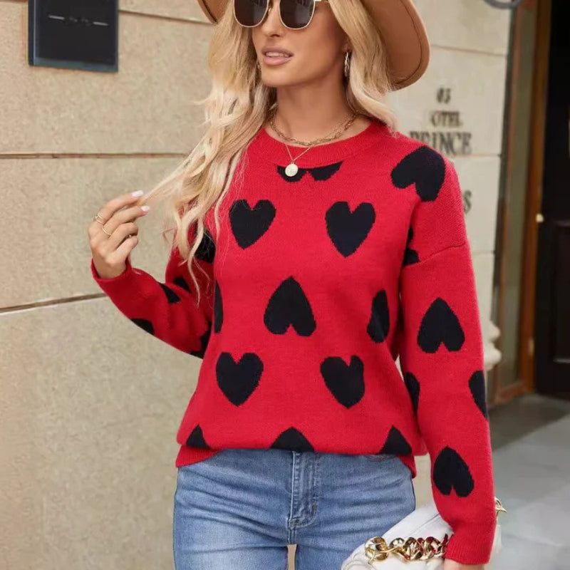 Taliah – Pulover cu mâneci lungi și model cu inimioare, guler rotund