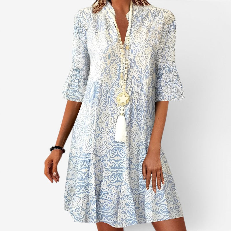 Robe courte femme à col en V avec motif imprimé