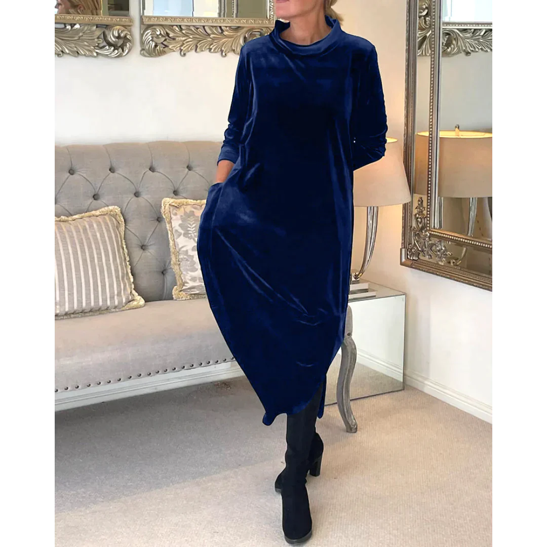 Emily – Elegancka długa sukienka z długimi rękawami i miękkim, okrągłym dekoltem