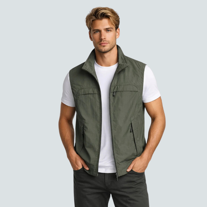 Men’s Utility Vest with Stand Collar and Zip Front