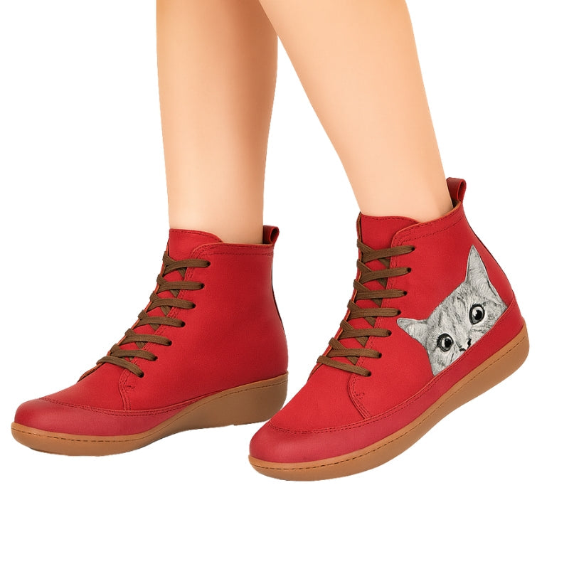 Selena – Ankle Boots with Round Toe and Cat Pattern