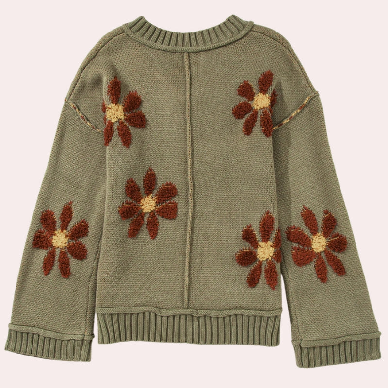 Myra - Maglione a manica lunga con scollo a V e ricamo floreale