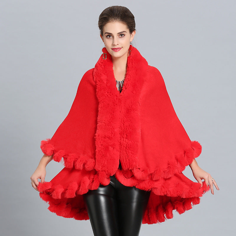 Goldie - Poncho con scollo a V e collo in pelliccia