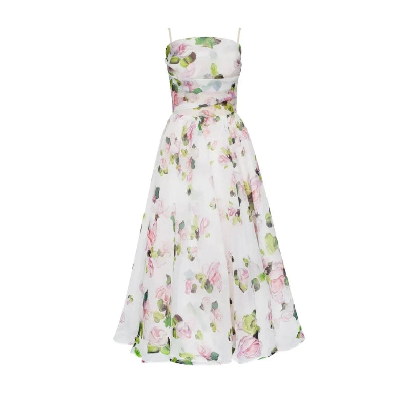 Luna - Rochie midi fără mâneci cu imprimeu floral și bretele spaghetti