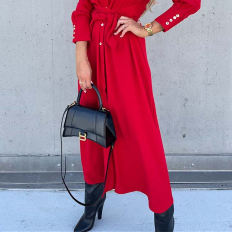 Evelyn - Shirt Dress with Long Sleeves, Waist Belt, and Button Closure