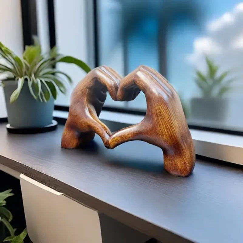 HeartGlow – Resin Heart Gesture Sculpture with Wood Grain Finish