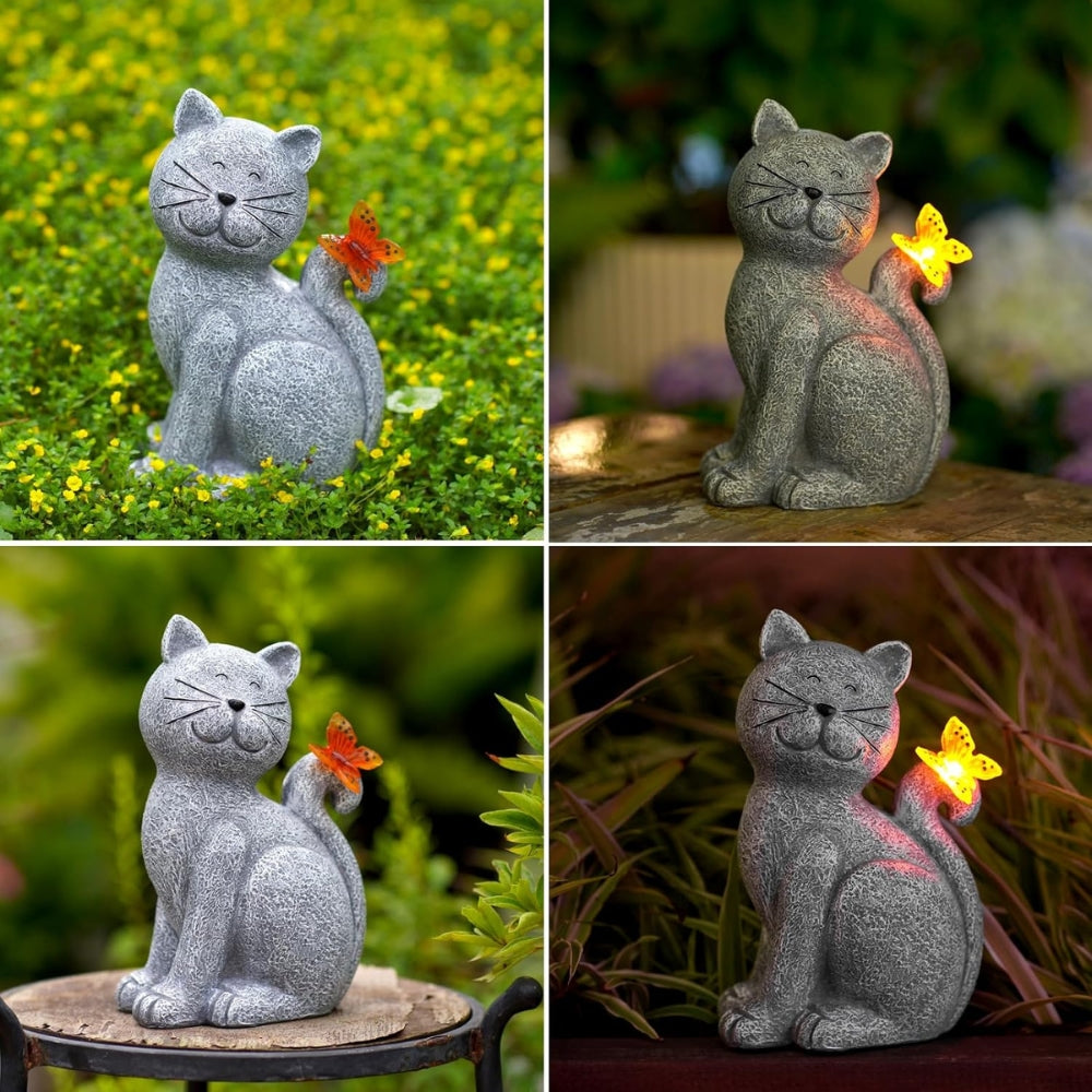 CatyLume - Figurină solară de pisică cu fluture și corp rotund de felinar pentru decor de grădină