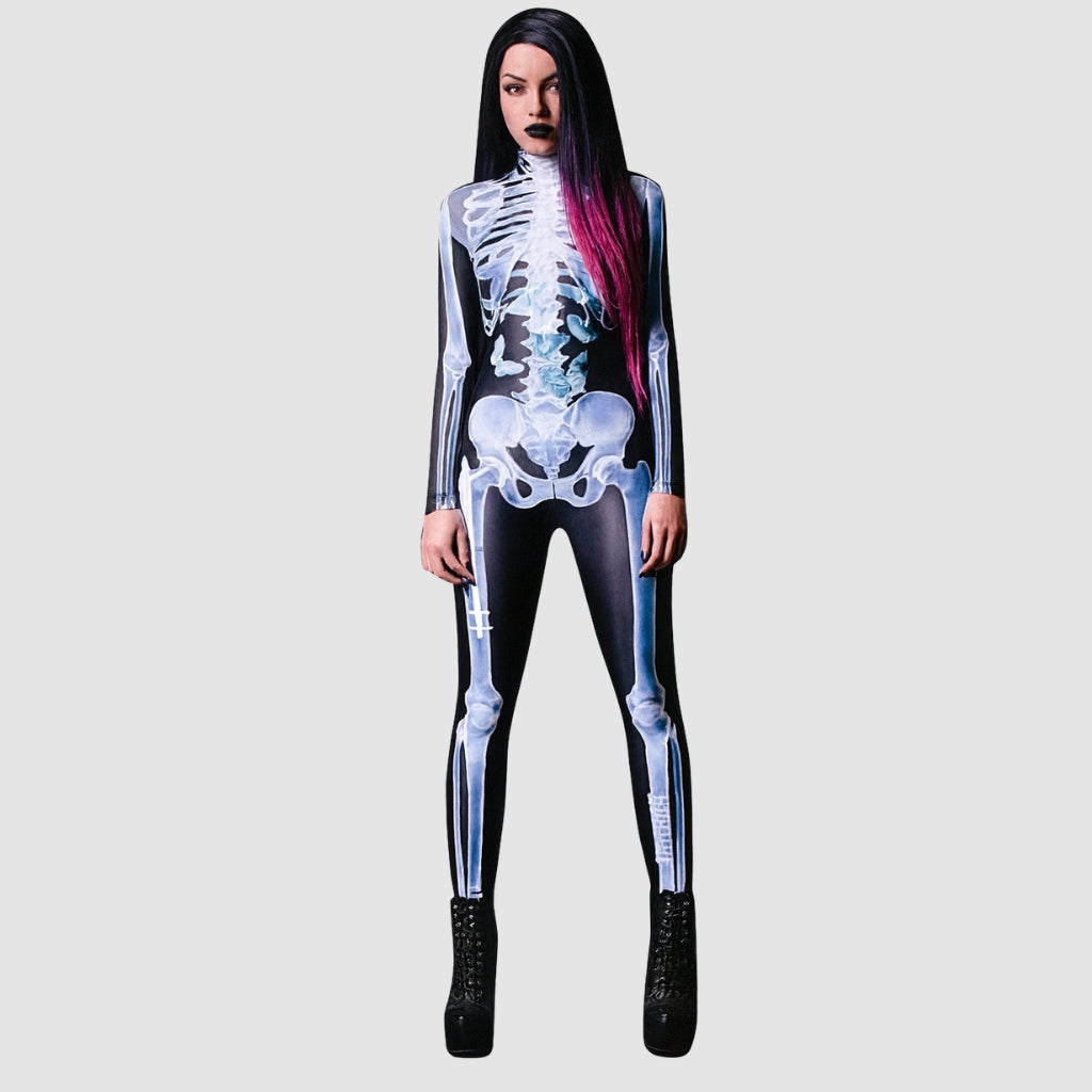 SkullWear – Body z Nadrukiem 3D Szkieletu z Długimi Rękawami i Zamkiem z Tyłu