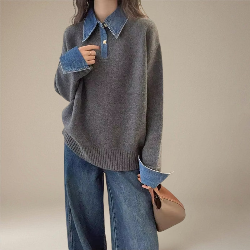 Clara – Long Sleeve Sweater with Collar and Buttons