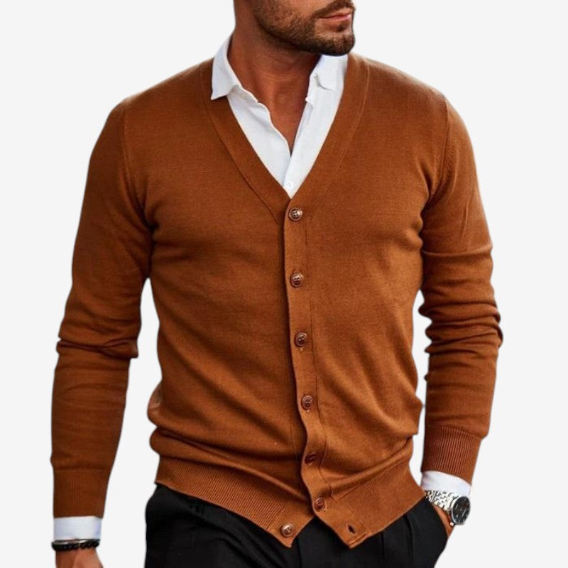 Cardigan pentru bărbați cu nasturi, mânecă lungă, tricot stratificat și decolteu în V