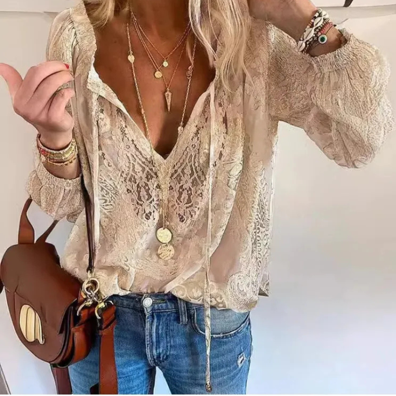 Blouse bohème en dentelle à manches longues pour femme