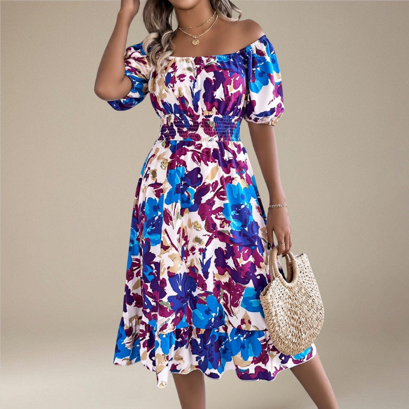 Abito midi donna con stampa floreale e spalle scoperte