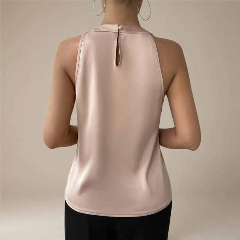 Blouse sans manches plissée drapée pour femme avec col rond