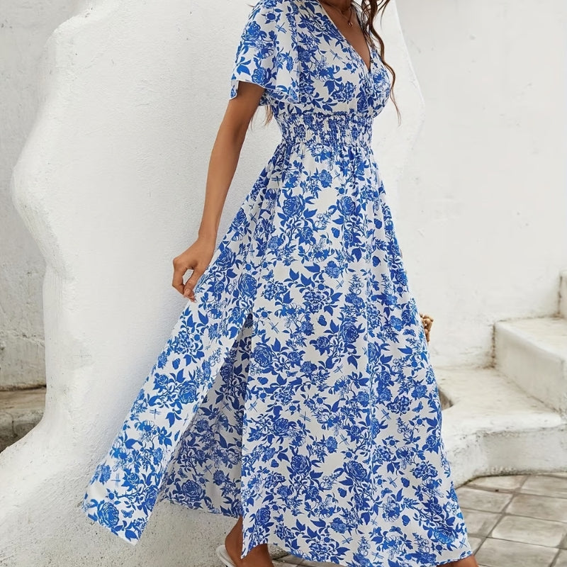 Robe longue femme à col en V avec motif imprimé