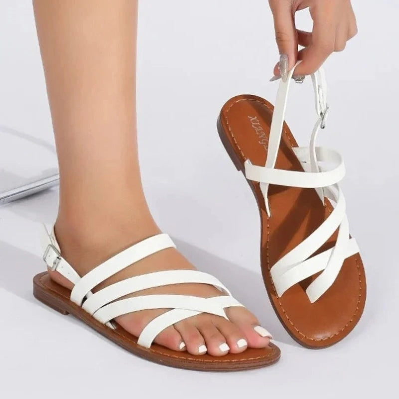 Women's flat round-toe sandals with buckle strap