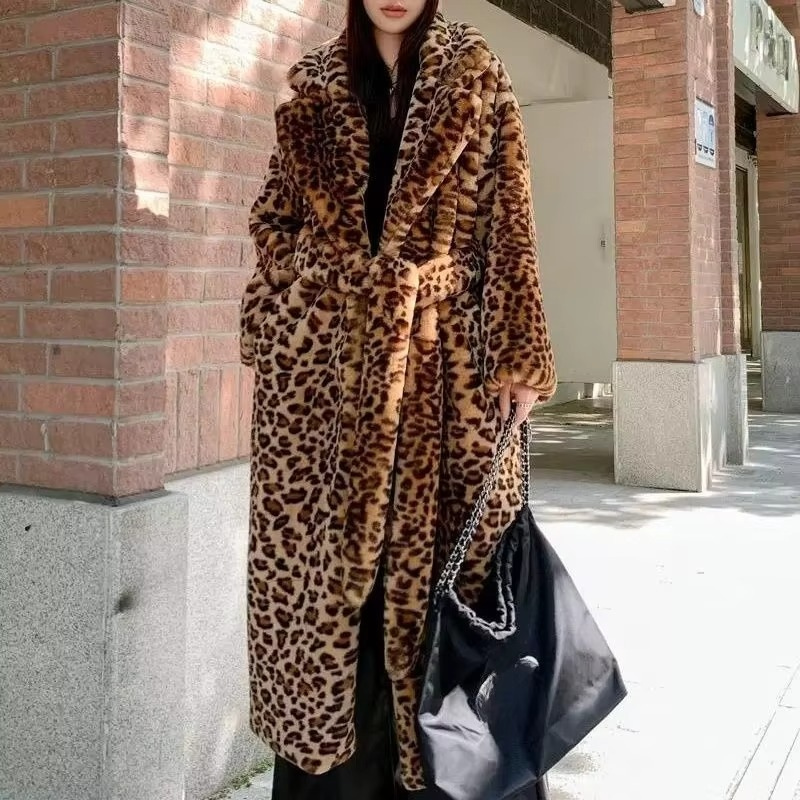 Marissa - Long Sleeve Long Coat with Leopard Print