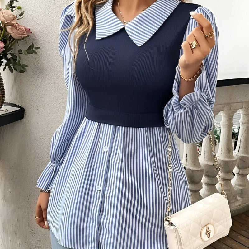 Wilma – Blouse à manches longues, col à revers, fermeture à boutons et motif rayé