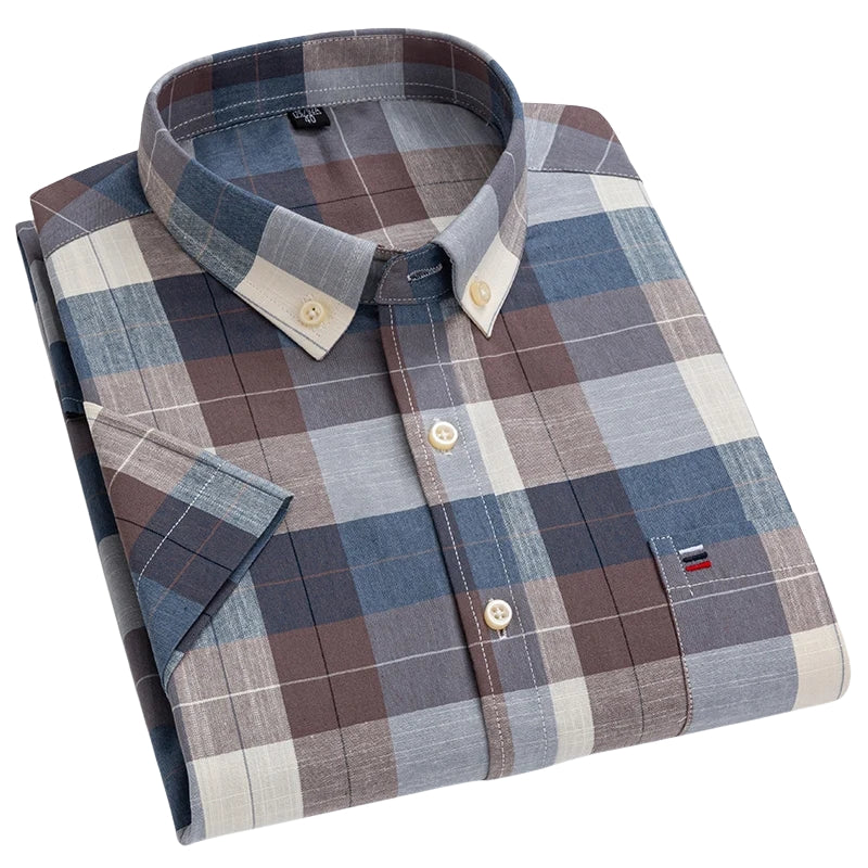 Alexander - Checked and striped button-down shirt with short sleeves