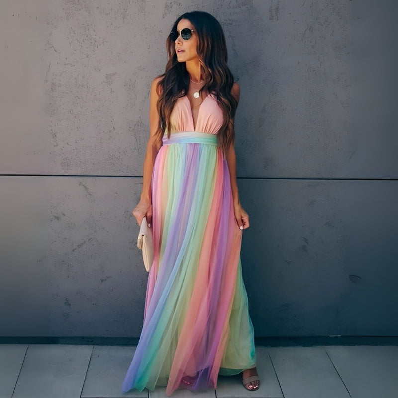Kiera - Rochie maxi fără mâneci cu imprimeu curcubeu și decolteu în V