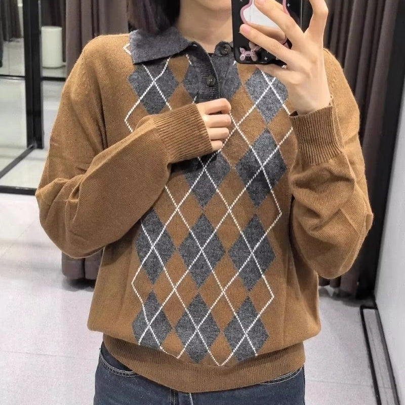 Maelis – Pull imprimé à manches longues avec col polo et boutons