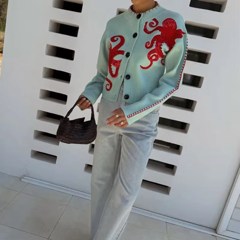 Lina - Long Sleeve Round Neck Cardigan with Button Closure