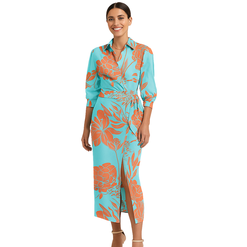 Clara – Rochie midi imprimată cu guler cămașă și mâneci scurte