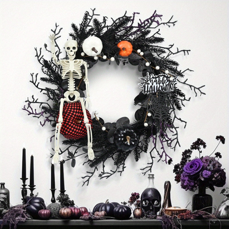 Halloween Wreath with Skeleton and Pumpkin Decor