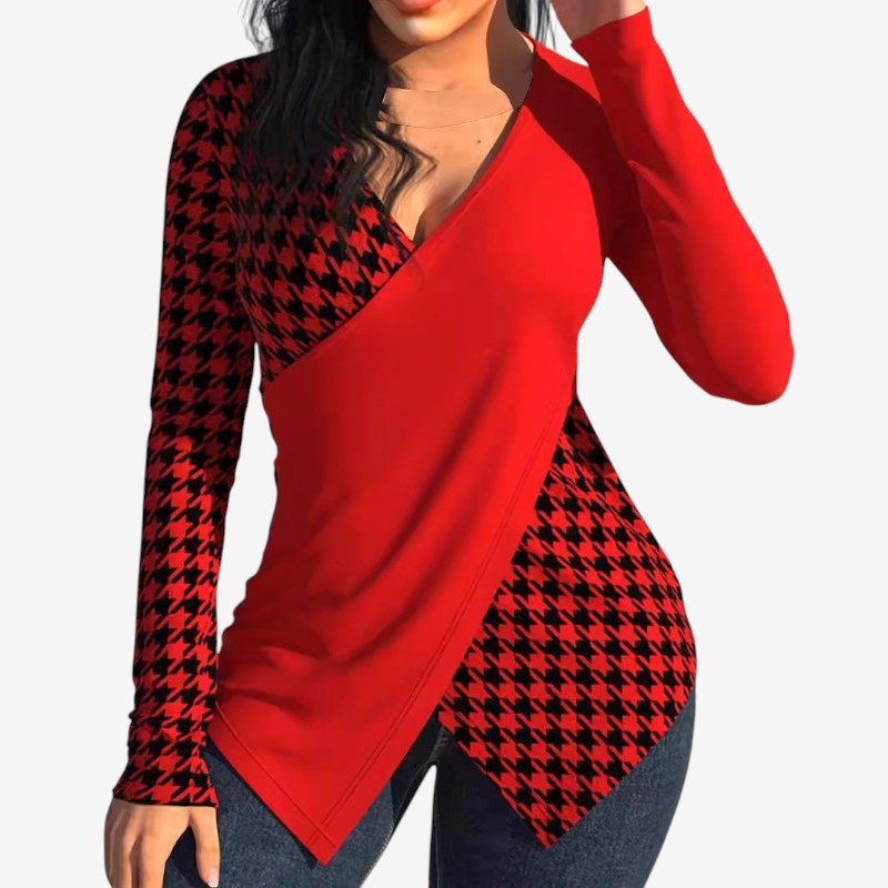 Cyra – Blouse à manches longues, col en V et coupe slim
