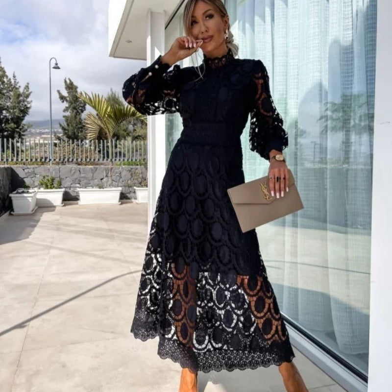 Women’s Long-Sleeve Dress with Intricate Openwork Lace Design