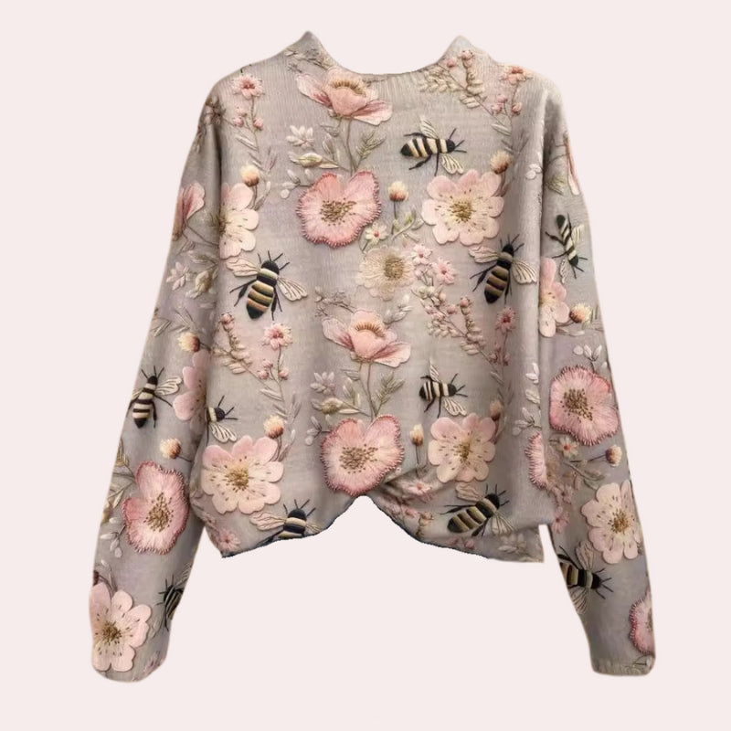 Liva - Pulover cu mâneci lungi, gât rotund și broderie florală