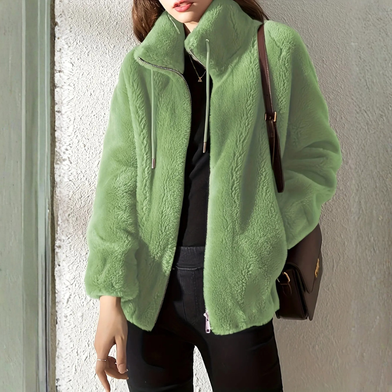 Giacca in pile da donna con collo alto e zip frontale