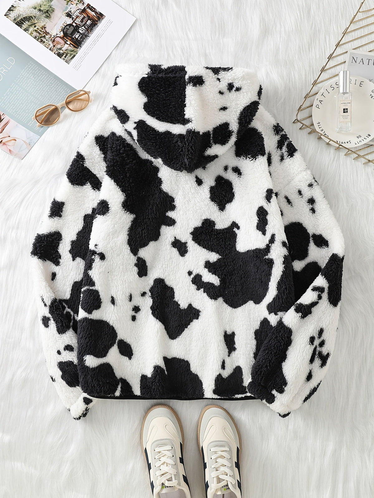 MooFleece - Camisola polar com capuz para mulher e estampado de vaca