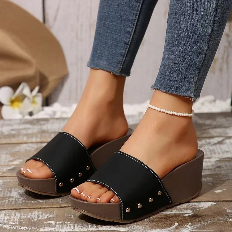 Lunarelle - Wide-Strap Wedge Mules with Studs