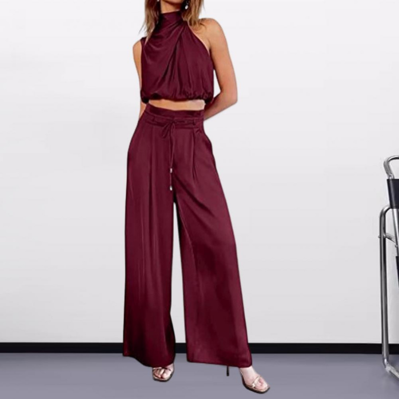 Set damă cu bluză cu guler înalt și pantaloni evazați