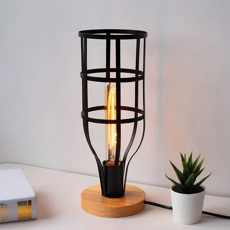 LumeCage - Modern industrial cage table lamp with wooden accent
