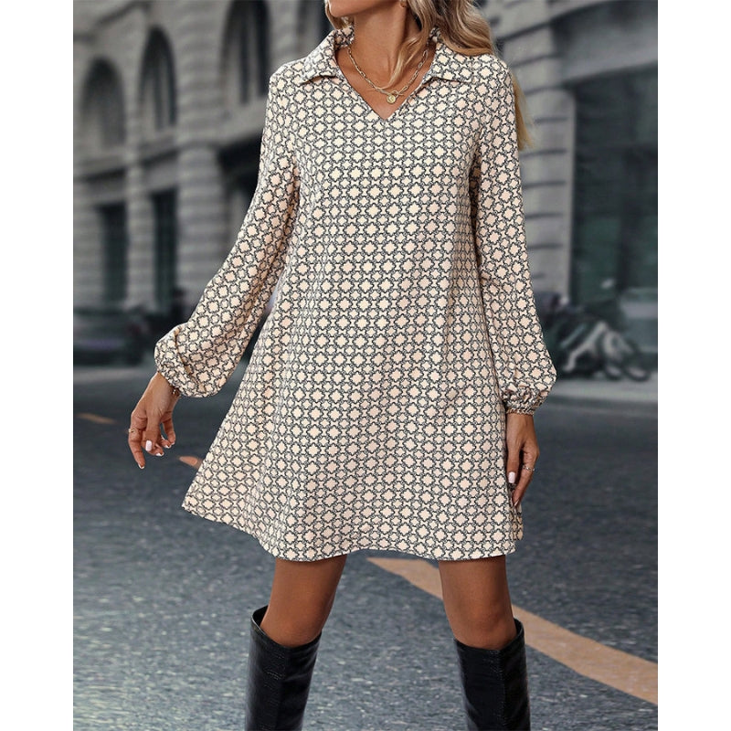 Serina – Mini-robe tendance à imprimé géométrique avec manches longues et coupe ample