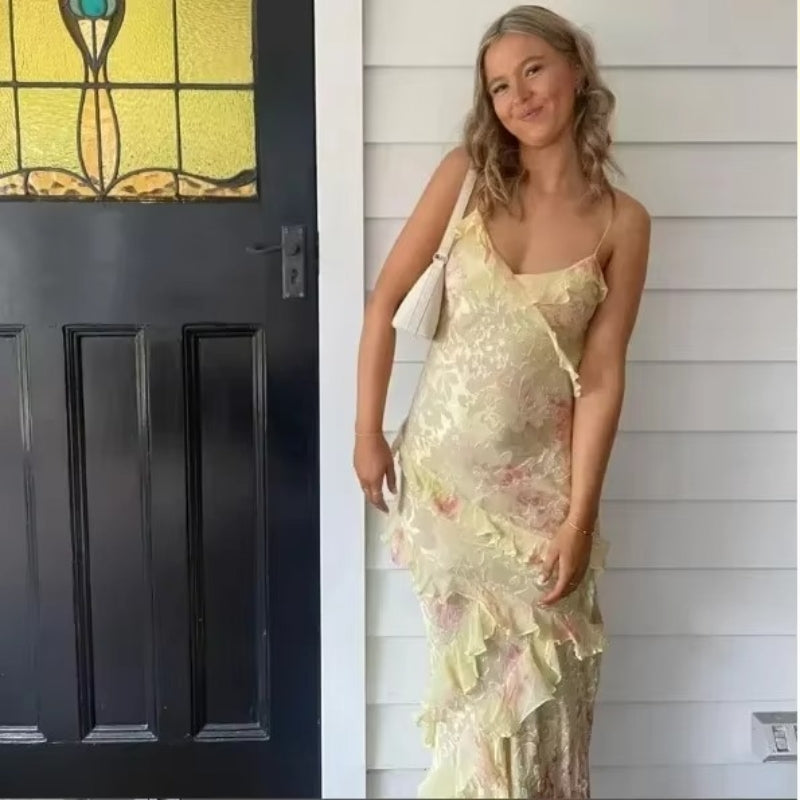Selena – Maxi Dress with Floral Print and Backless Sleeveless Design