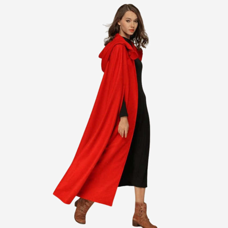 Lina - Cappotto poncho lungo con cappuccio asimmetrico